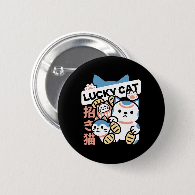 Glückskatze-Kunst – Maneki Neko mit Goldmünze Button (Vorne & Hinten)