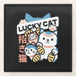 Glückskatze-Kunst – Maneki Neko mit Goldmünze Glasuntersetzer