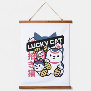 Glückskatze Maneki Neko – Japanische Glückskatze Wandteppich Mit Holzrahmen