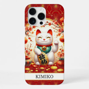 Glückskatze mit Goldmünzen auf rotem Monogramm iPhone 16 Pro Max Hülle