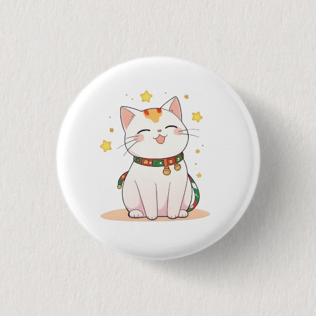 Glückskatze mit Sternen Kawaii Design Button (Vorderseite)