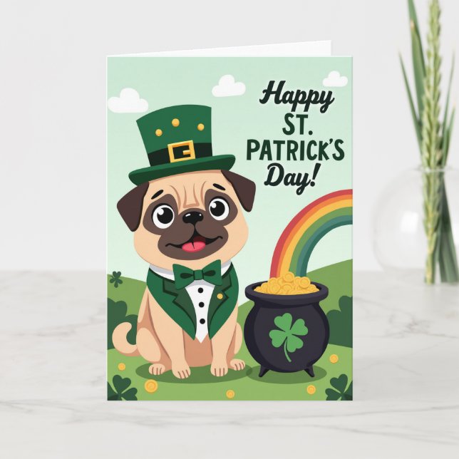 Glücksklee Mops St. Patrick Karte (Vorderseite)