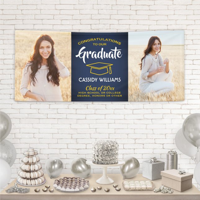 Glückwunsch 2 Foto Navy Blue Gold Yellow Abschluss Banner (Von Creator hochgeladen)