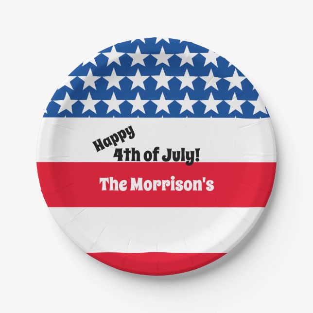 Glückwunsch 4. Juli American Flag Add Family Name  Pappteller (Vorderseite)