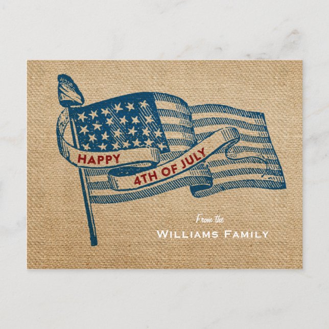 Glückwunsch 4. Juli Burlap Flag Postkarte (Vorderseite)