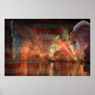 Glückwunsch 4. Juli - Feuerwerk Flag Adler und Sta Poster