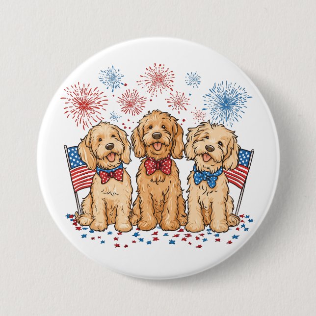 Glückwunsch 4. Juli Goldendoodle Hunde Feuerwerk Button (Vorderseite)