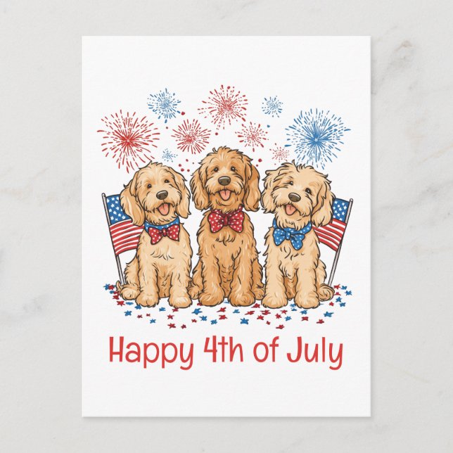 Glückwunsch 4. Juli Goldendoodle Hunde Feuerwerk Postkarte (Vorderseite)