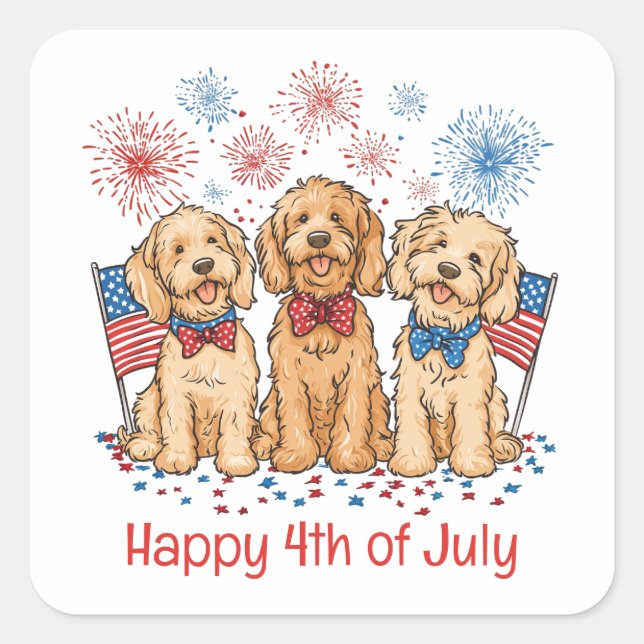 Glückwunsch 4. Juli Goldendoodle Hunde Feuerwerk Quadratischer Aufkleber (Vorderseite)