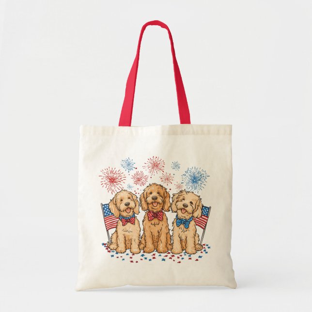Glückwunsch 4. Juli Goldendoodle Hunde Feuerwerk Tragetasche (Vorne)