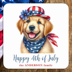 Glückwunsch 4. Juli Patriotic Welpe Golden Retriev Quadratischer Aufkleber