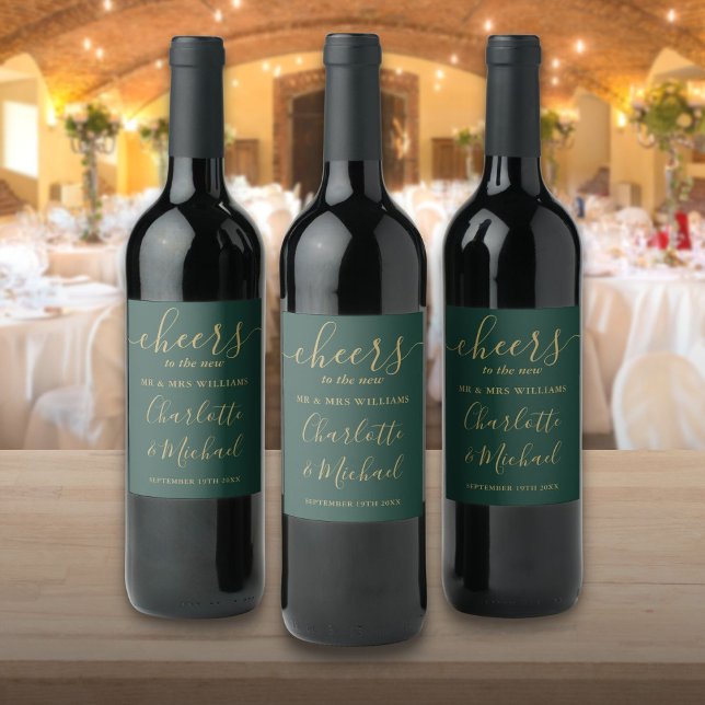Glückwunsch an Herrn und Frau Green and Gold Weddi Weinetikett (Cheers To Mr And Mrs Green And Gold Wedding Wine Label)