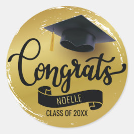 Glückwunsch, Black Graduation Cap, Name, Gold Runder Aufkleber