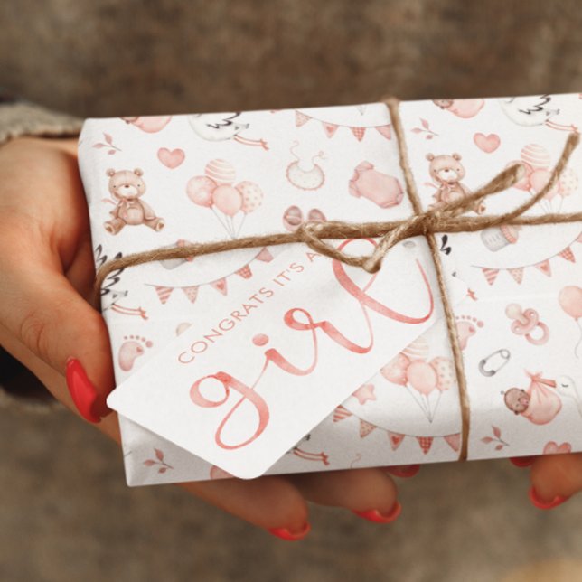 Glückwunsch Es ist ein Girl-Geschenktag Geschenkanhänger (Congratulate the new parents with this lovely personalized, "It's a girl" bear gift tag! )