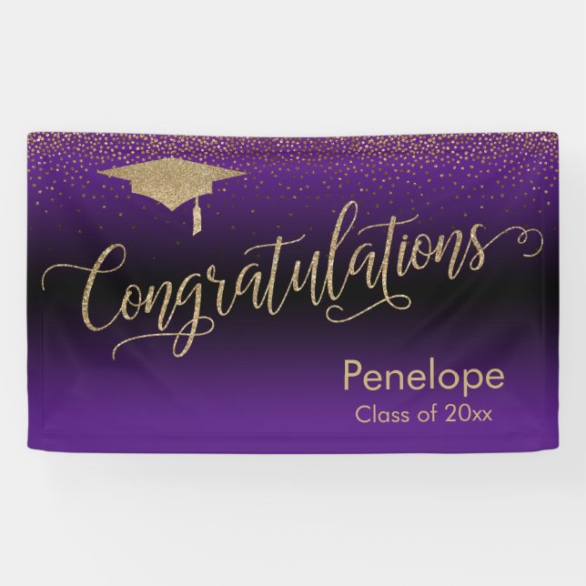 Glückwunsch Gold Confetti Abschluss Lila Banner (Horizontal)