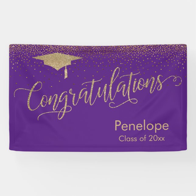 Glückwunsch Gold Confetti Abschluss Lila Banner (Horizontal)