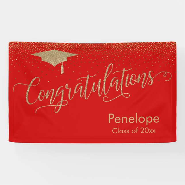 Glückwunsch Gold Confetti Abschluss Red Banner (Horizontal)