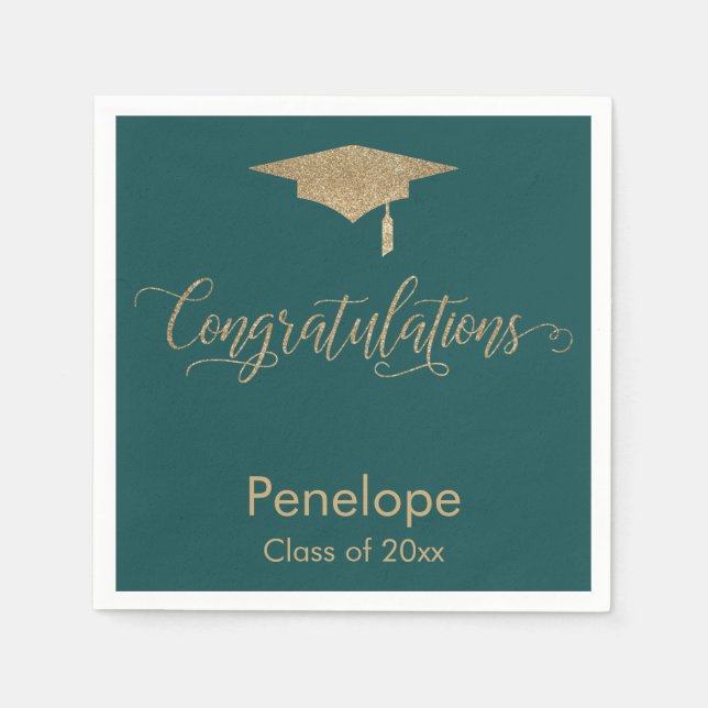 Glückwunsch Gold Glitzer Graduation Cap Aquamarin Serviette (Vorderseite)
