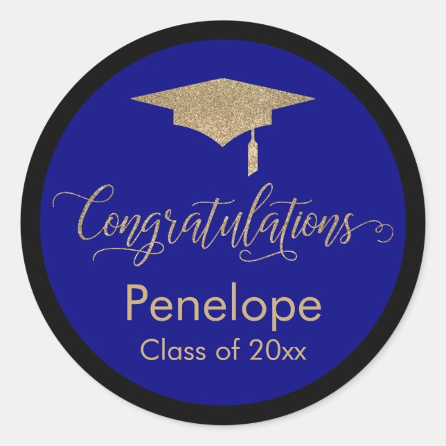 Glückwunsch Gold Graduation Cap Blue Runder Aufkleber (Vorderseite)