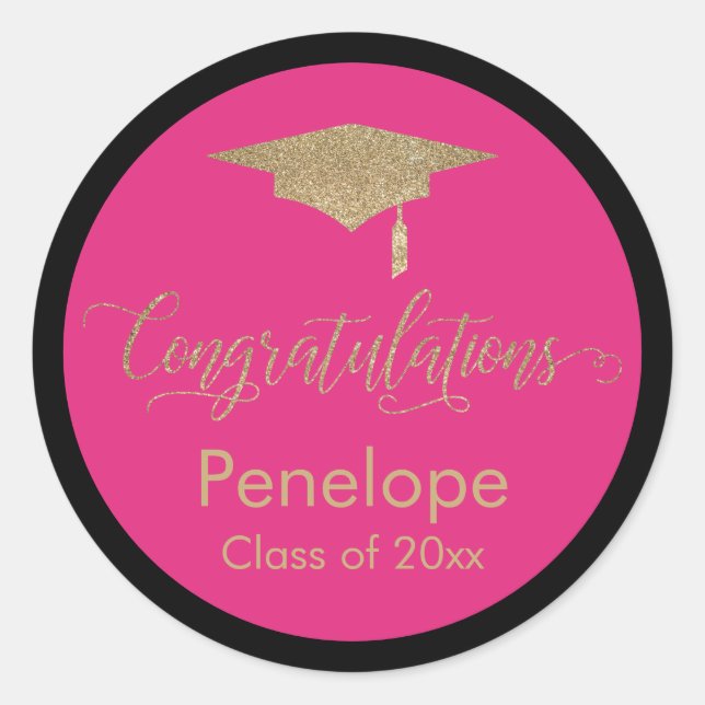Glückwunsch Gold Graduation Cap Hot Pink Runder Aufkleber (Vorderseite)