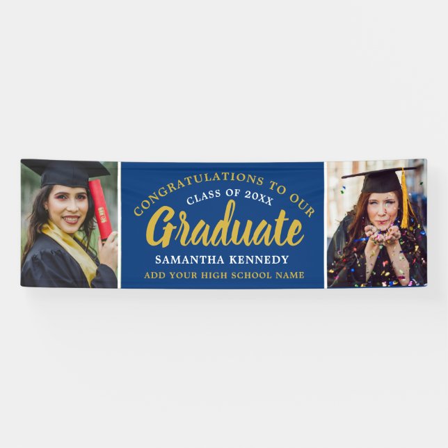 Glückwunsch Grad 2 Foto Blau und Gold Abschluss Banner (Horizontal)