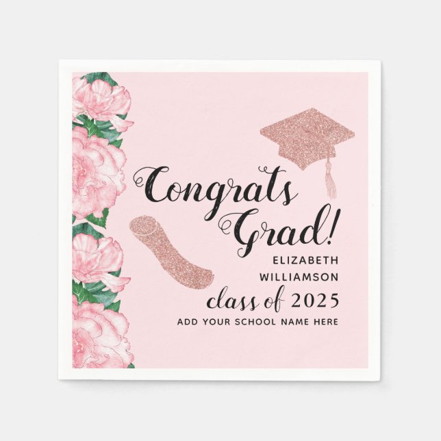 Glückwunsch Grad Blumenrosa Klasse 2025 Abschluss Serviette (Vorderseite)