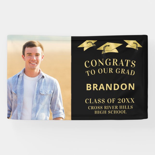 GLÜCKWUNSCH GRAD Cap Toss Foto Black Gold Banner (Horizontal)