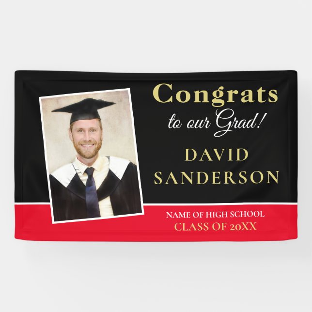 Glückwunsch Grad Foto Name Gold Schwarz Banner (Horizontal)