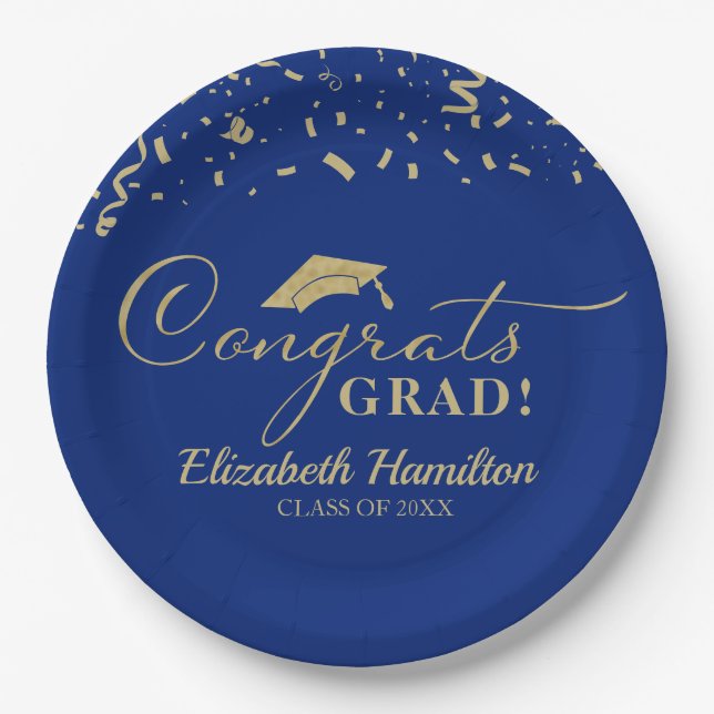 Glückwunsch Grad Gold Script Graduation Party Blue Pappteller (Vorderseite)