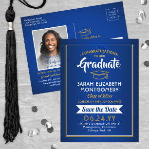 Glückwunsch Graduate Blue & Gold Save the Date Fot Ankündigungspostkarte