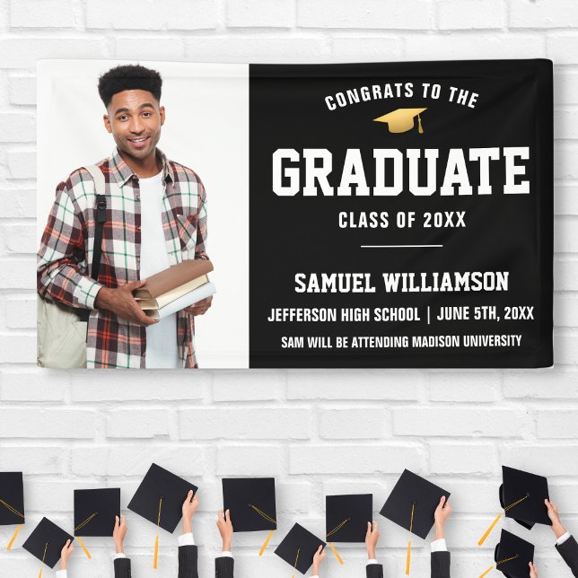 Glückwunsch Grand Foto Black Gold Graduation Party Banner (Von Creator hochgeladen)