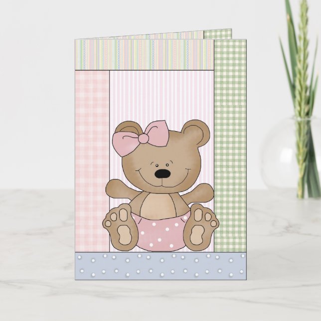 Glückwunsch-Karte: Teddybär mit rosa Bogen Karte (Vorderseite)