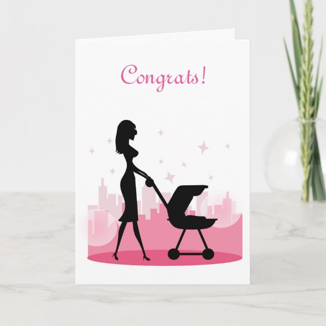 Glückwunsch - modische Mommy Pushing Baby Carriage Karte (Vorderseite)