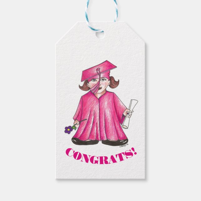 GLÜCKWUNSCH! Rosa Abschluss Girl Cap Gown Diploma Geschenkanhänger (Vorderseite)