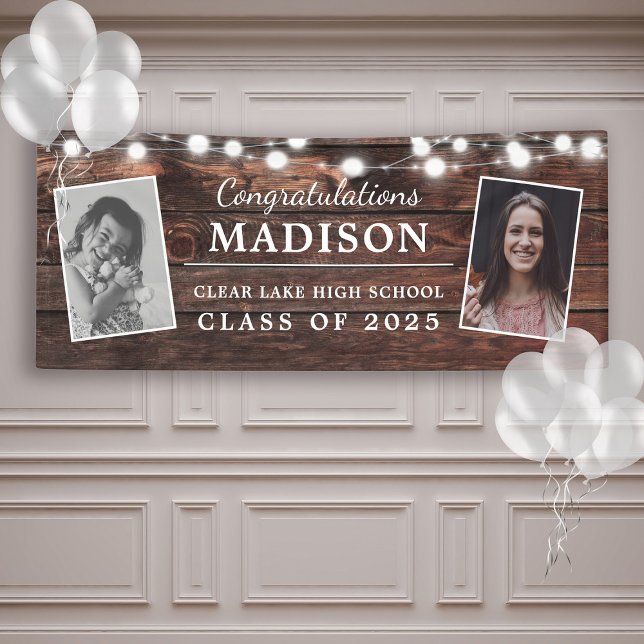 Glückwunsch Rustic Wood String Lights Grad 2 - Fot Banner (A graduation banner on wood background. It reads Name, school and custom messsage with 2 photos)