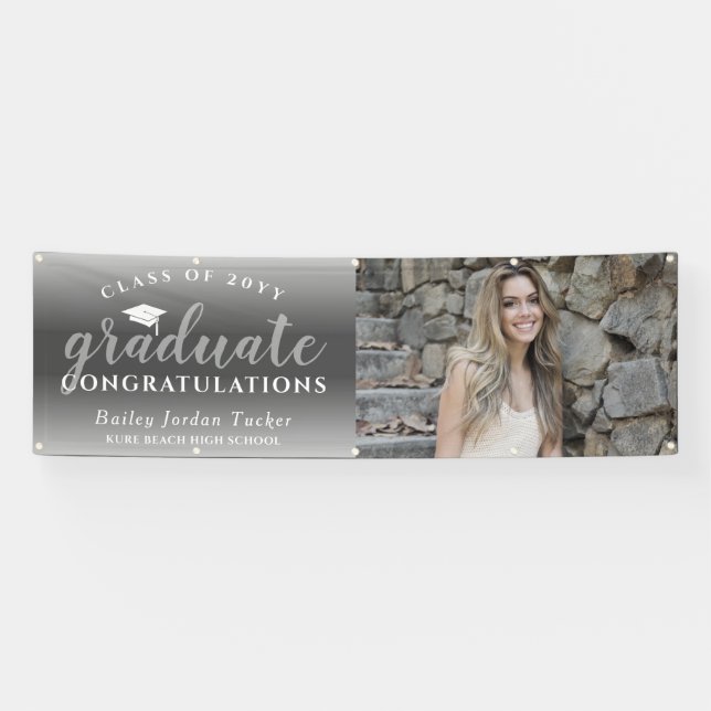 Glückwunsch Script Gray Ombre Foto Abschluss Banner (Horizontal)
