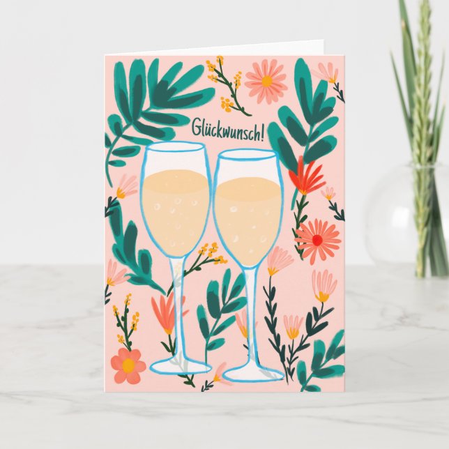 Glückwunsch Sekt Champagner Blumen Prost Hochzeit Karte (Vorderseite)