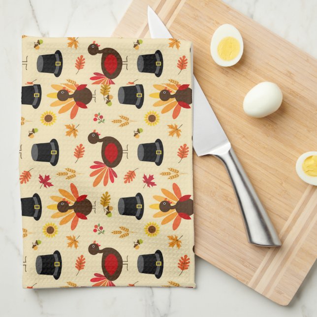 Glückwunsch Thanksgiving Niedlich Türkei Floral Kü Geschirrtuch (Viertel Falte)