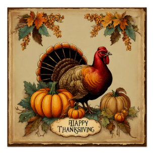 Glückwunsch Thanksgiving Vintage Türkei, Pumpkins Poster