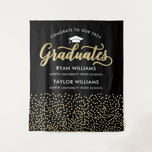 Glückwunsch Zwei Absolventen Black Gold Confetti P Wandteppich (Vorderseite)