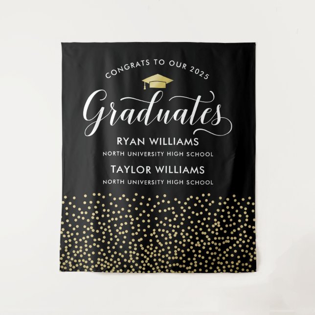 Glückwunsch Zwei Absolventen Black Gold Confetti P Wandteppich (Vorderseite)