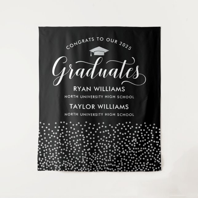 Glückwunsch Zwei Absolventen Black Silver Confetti Wandteppich (Vorderseite)