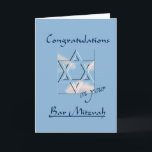 Glückwünsche auf Ihrem Bar Mitzvah! - Blau Karte<br><div class="desc">*Note: Für das große Kartenklicken "fertigen Sie es",  dann Pluszeichen einmal besonders an,  um vorderen Entwurf zu vergrößern. Senden Sie diese reizende Karte,  die einen Davidsstern Mit blauem Himmel und Wolken im Hintergrund kennzeichnet,  um einen jungen Mann auf seinem Bar Mitzvah zu beglückwünschen!</div>
