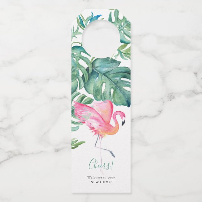 Glückwünsche auf Ihrer neuen Zuhause Rosa Flamingo Flaschenanhänger (Vorderseite)