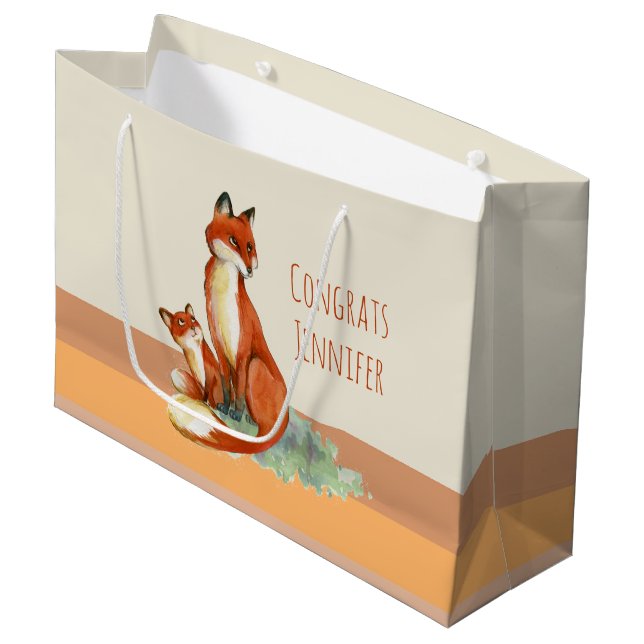Glückwünsche für Fox- und Baby-Aquarellbilder Große Geschenktüte (Vorderseite Schrägansicht)