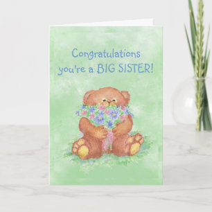 Glückwünsche GROSSE SCHWESTER FunTeddy Bärn-Blumen Karte
