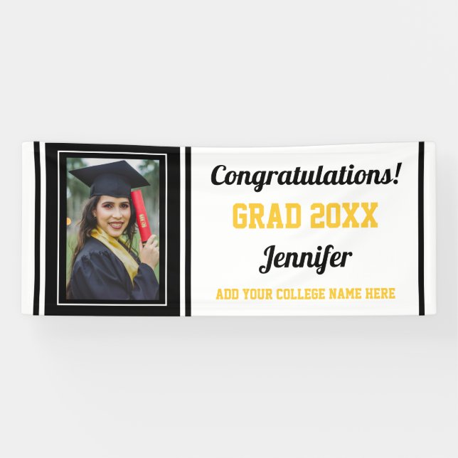 Glückwunschs Grad Black Gold White Foto Abschluss Banner (Horizontal)