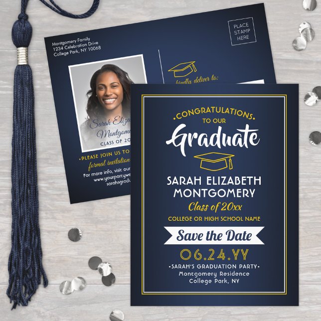 Glückwunschs Grad Navy Blue & Gold Save the Date F Ankündigungspostkarte (Von Creator hochgeladen)