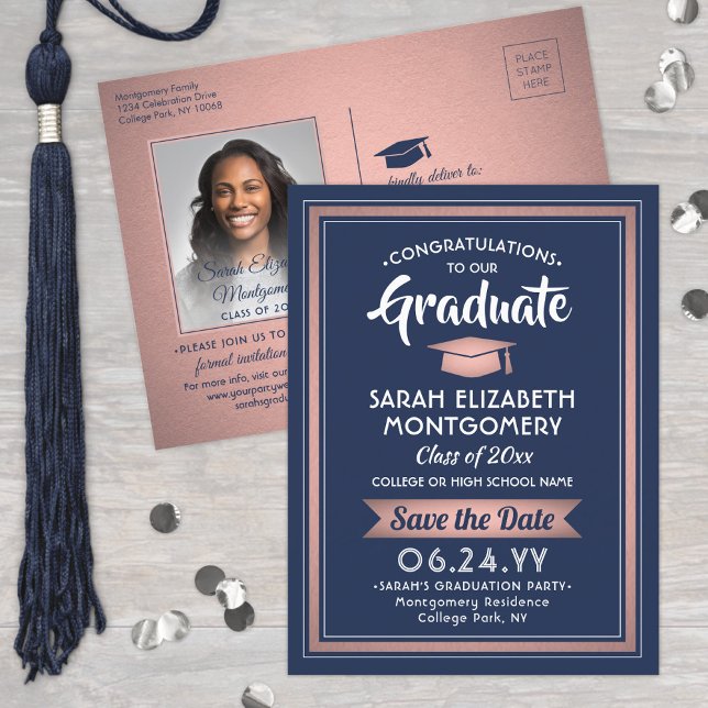 Glückwunschs Grad Navy Blue & Pink Save the Date F Ankündigungspostkarte (Von Creator hochgeladen)