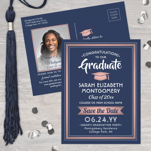 Glückwunschs Grad Navy Blue & Pink Save the Date F Ankündigungspostkarte (Von Creator hochgeladen)